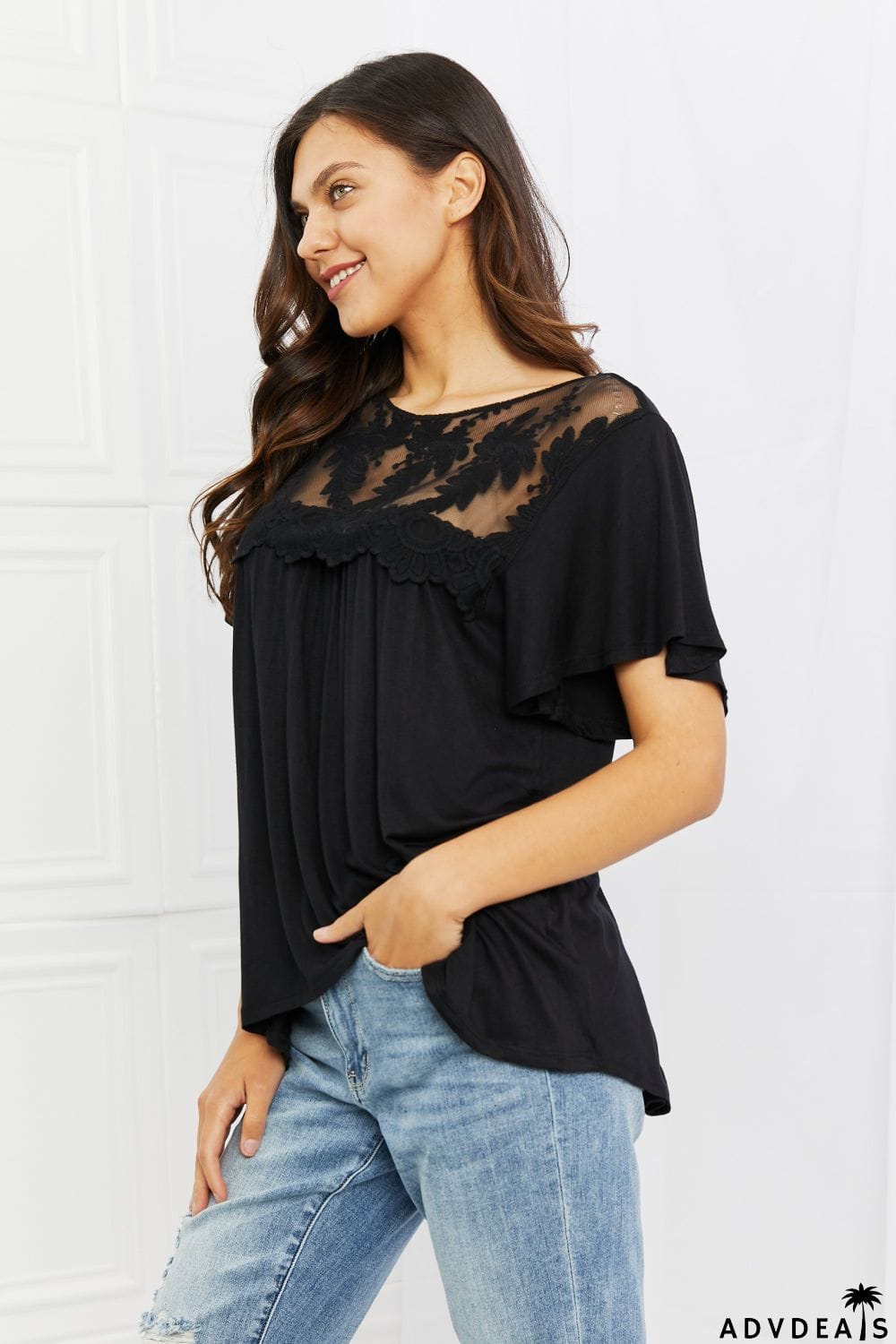 Culture Code Ready To Go Full Size Lace Embroidered Top in Black