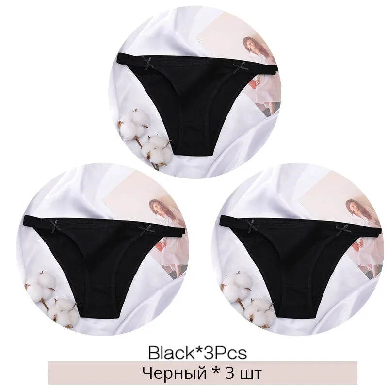 FINETOO M-2XL Bow Cotton Panties 3Pcs/set Women Briefs Girls Plus Size Underpants Low-rise Hollow Underwear Female Lingerie 2021