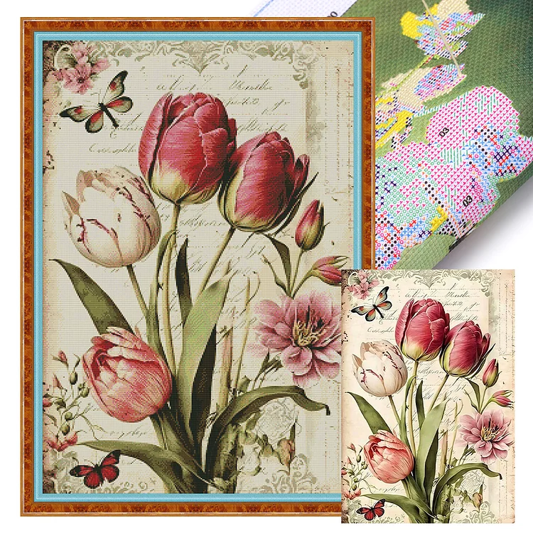 【Huacan Brand】Retro Poster - Tulips 11CT Stamped Cross Stitch 40*60CM