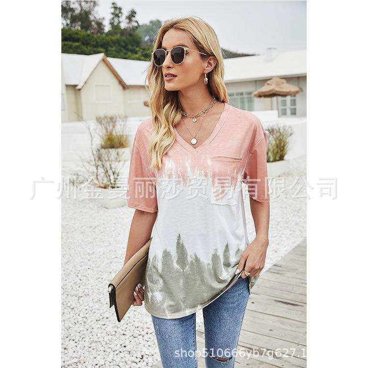 Gradient Tie Dye Short Sleeve Fake Pocket T-Shirt Ladies Office Commute Casual Loose Tops