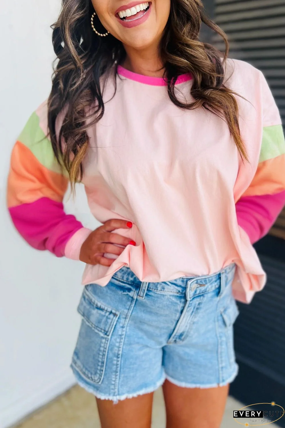 Pink Color Block Long Sleeve Sweatshirt