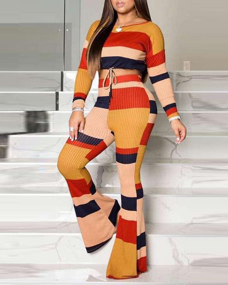 Colorblock Rib-Knit Drawstring Crop Top & Flare Leg Pants Set - Shop Trendy Women's Clothing | LoverChic