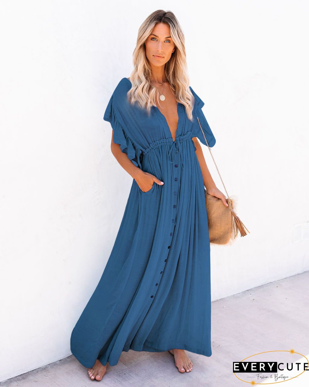 Off Shoulder Hem Split Ruffle Maxi Dress
