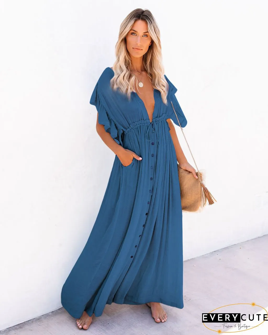 Off Shoulder Hem Split Ruffle Maxi Dress