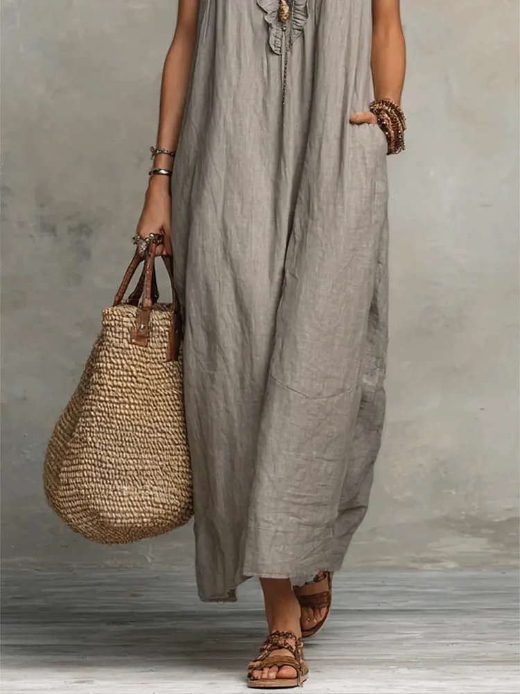 solid color linen dress Wholesale Halter loose solid color cotton linen dress for your store