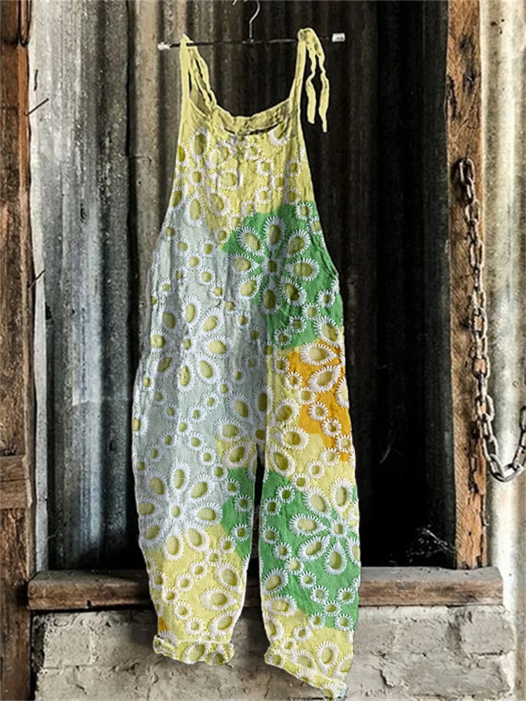 Floral Hollow Art Lace Splicing Linen Blend Casual Jumpsuit-mysite