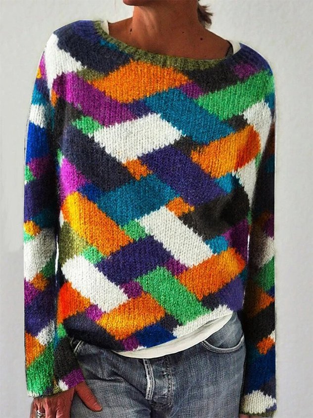 Multicolor Vintage Casual Checkered/Plaid Knitted Sweater