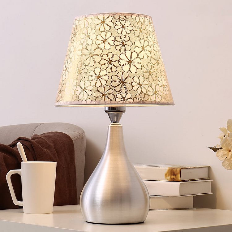 Silver Drop-Like Table Lamp Modern 1-Light Aluminum Night Light with Cone Fabric Shade