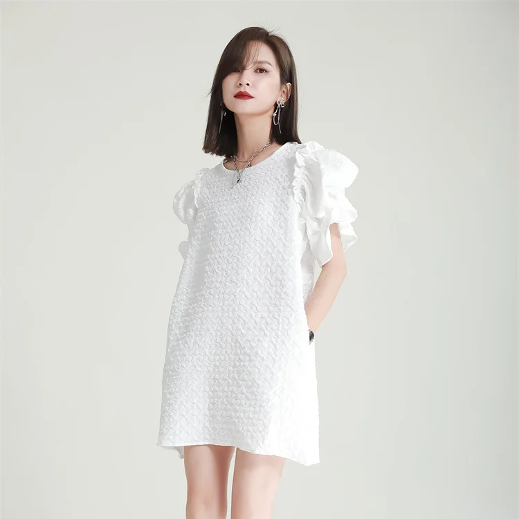 Loose Pleate Crew Neck Puff Sleeve Mini Dress - yankia