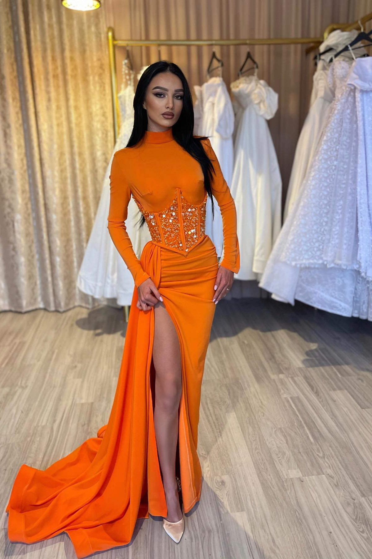 Dresseswow Orange High Neck Long Sleeves Mermaid Prom Dress Sequins With Split