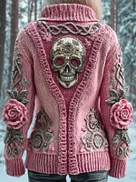 Metal Skull & 3d Floral Viking Art Women's Chunky Knit Stand Collar Zipper Sweater