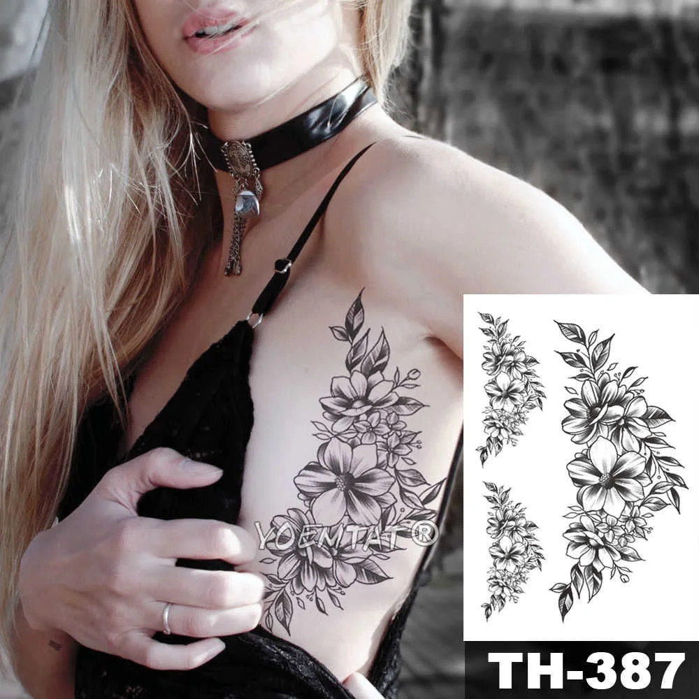 Heart shaped Clock Jewel Rose Waterproof Temporary Tattoo Sticker Black Arm Back Flowers Big Tatto Body Art Fake Tatoo For Women