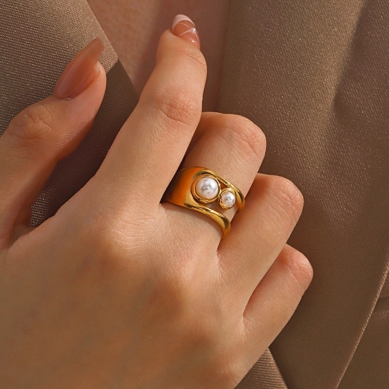 Stainless Steel 18K Gold Plated Retro Style Simple Pearl Ring