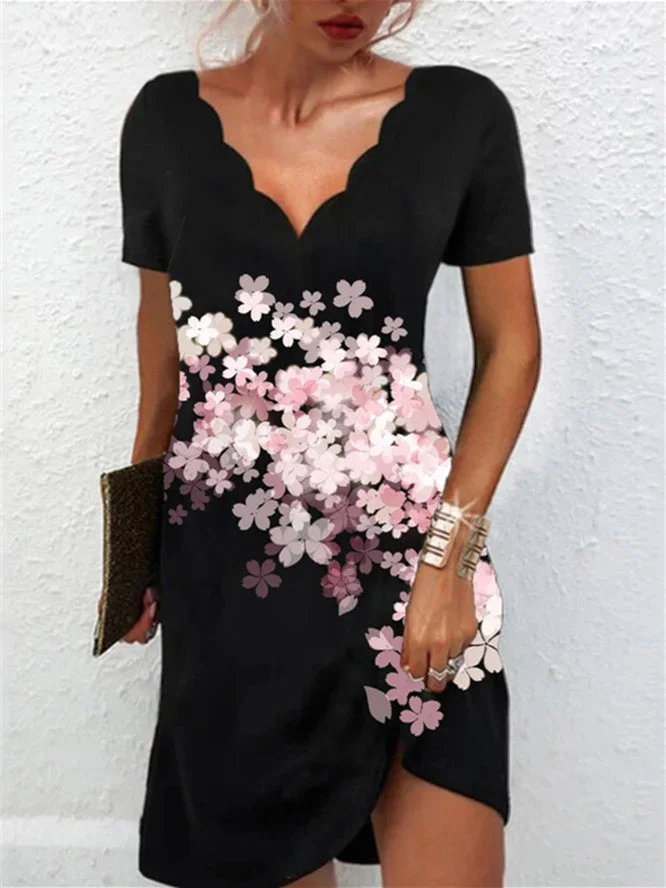 Women Short Sleeve V-neck Floral Printed Midi Dress