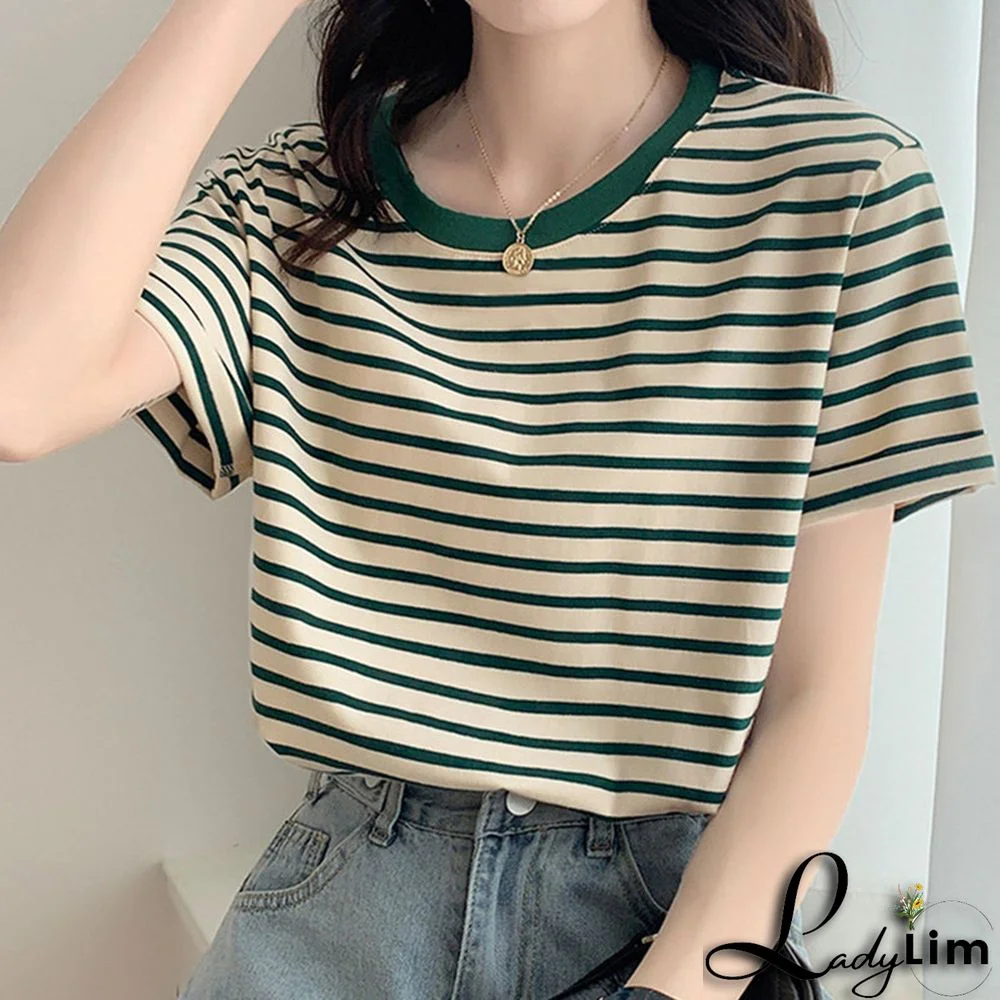 Colorblock Stripe Round Collar Loose T-Shirt