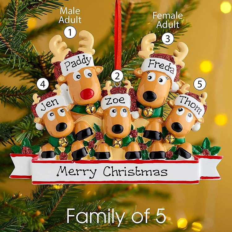 Ornement de sapin de Noël personnalisé avec 5 rennes Cerf mignon dans un chapeau de père Noël à paillettes