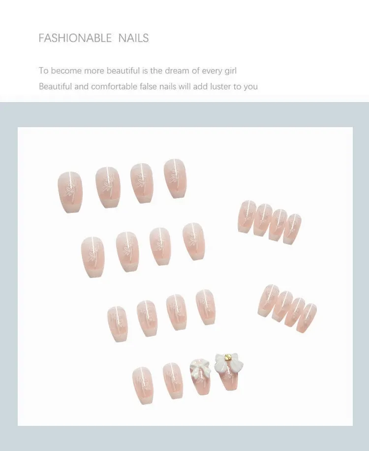 24pcs White Butterfly Nail Patch Glue Type Removable Long Paragraph Fashion Manicure Fake Nail Patch TY-Nail Inspo