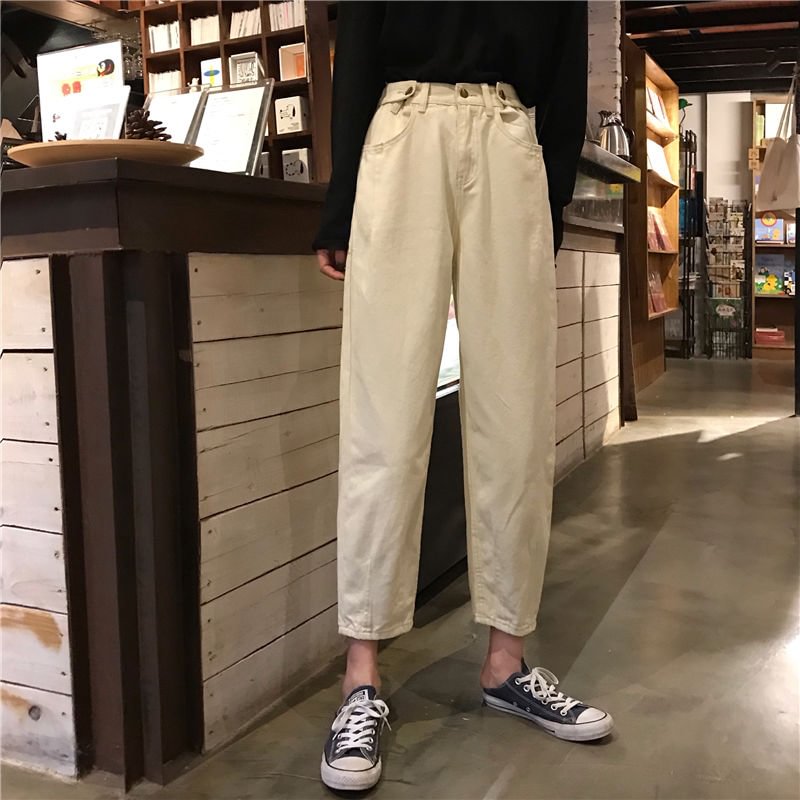 Jeans Womens Plus Size Solid High Waist Ulzzang Harajuku Korean Style Vintage Fashionable Females Trousers Pockets Simple Chic