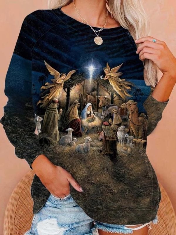 Nativity Print Jesus Sweatshirt Women's Tops