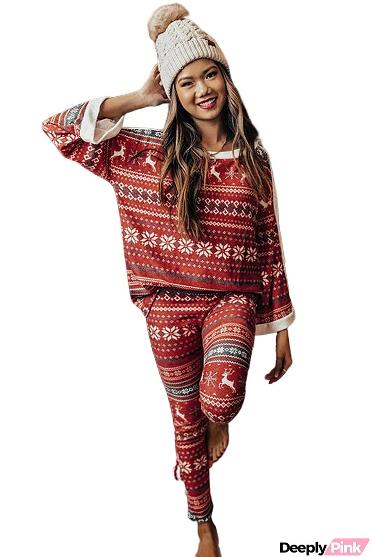 Reindeer Geometric Print Top and Skinny Pants Lounge Set