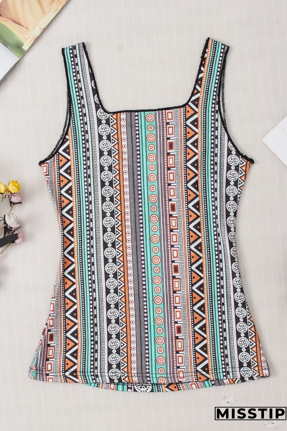 Printed Square Neck Wide Strap Tank