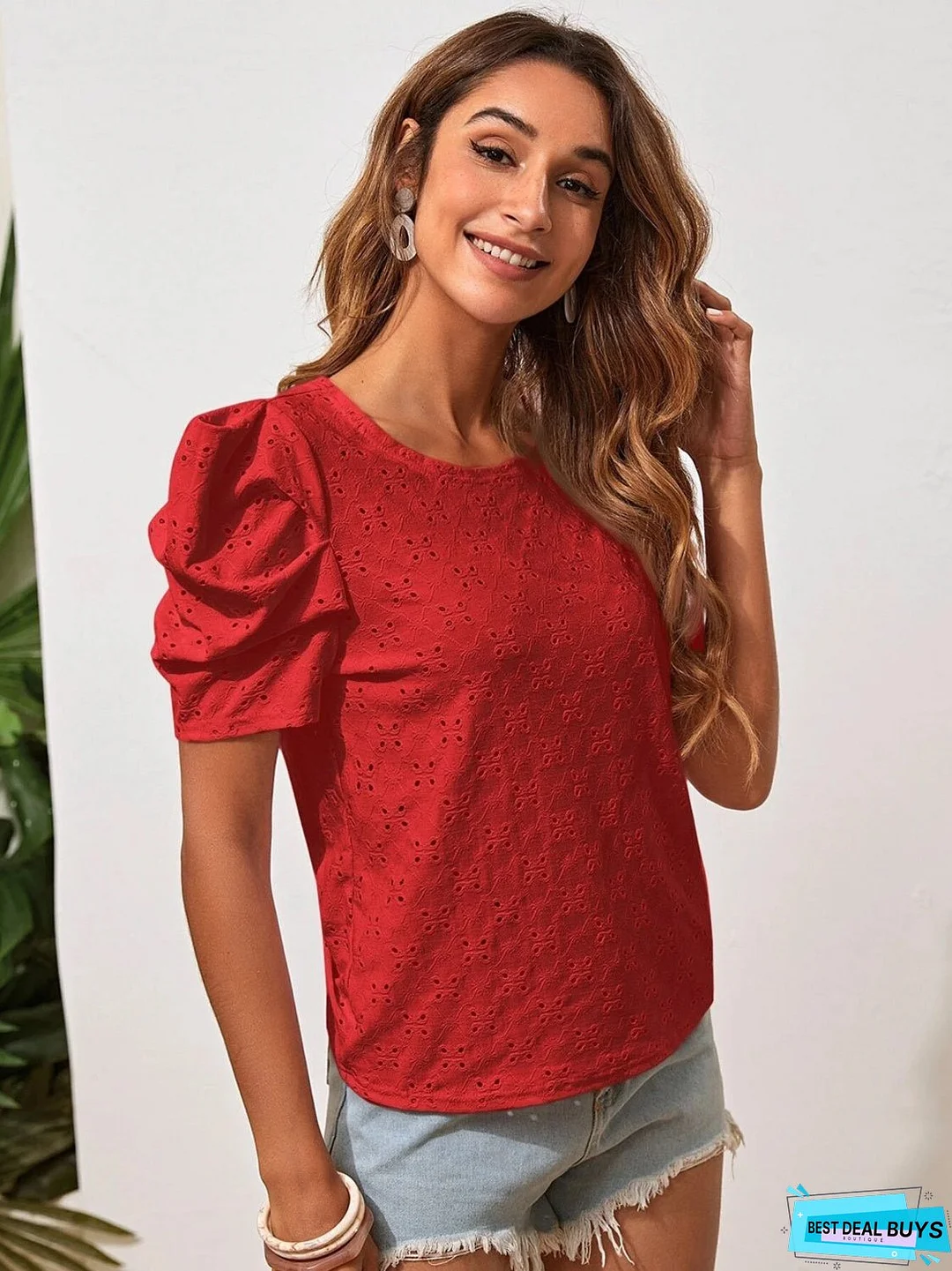Eyelet Round Neck Puff Sleeve Blouse