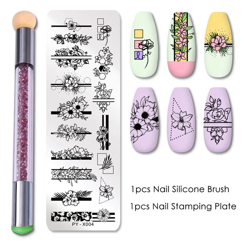 2Pcs Nail Stamping Plates Set Silicone Sponge Brush Polish Transfer Stencils Flower Geometry DIY Template for Nail Tool-Nail Inspo