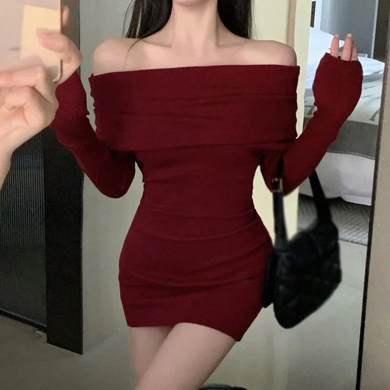 Aiertu DRESS TO IMPRESS Elegant Beautiful Women's Bodycon Dresses Slim Fitting Solid Color Fashion Autumn Off Shoulder Wrap Dress Dresses Winter aiertu