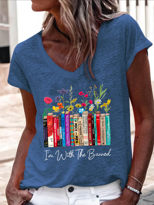 Women's I'm With The Banned Flowers Book Lover Gift Regular Fit V Neck Floral Casual T-Shirt socialshop