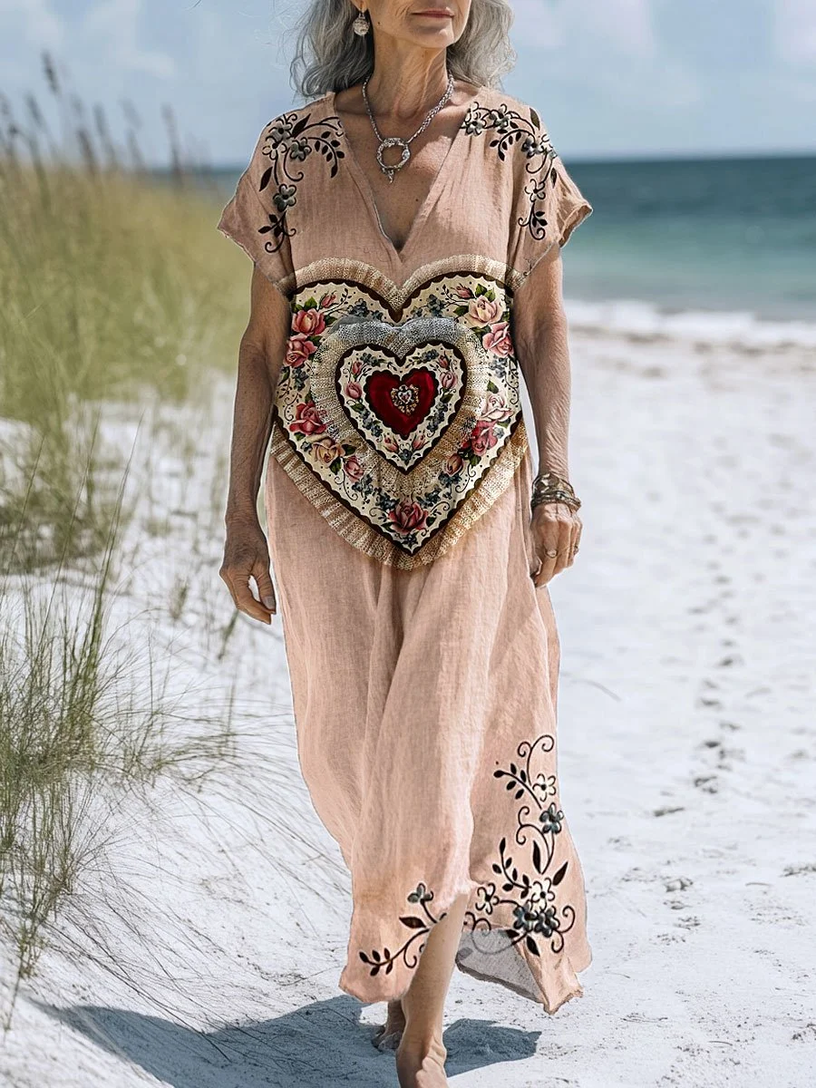 Women's Vintage Love Heart Floral Art Print Pocket Cotton Dress