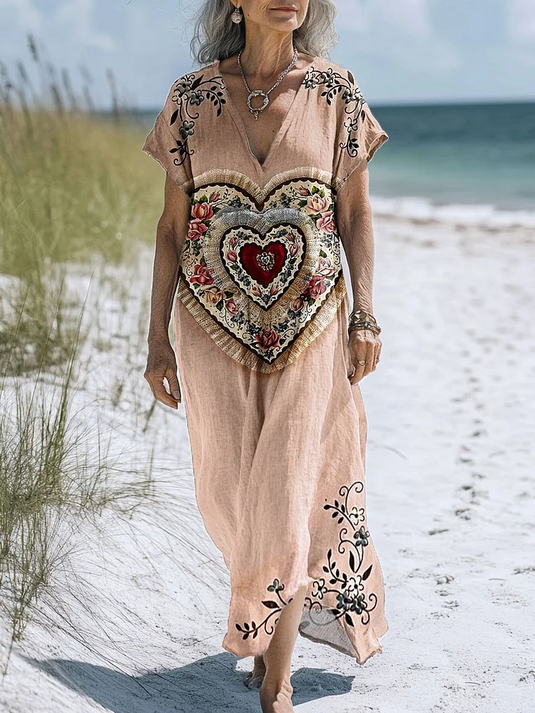 Women's Vintage Love Heart Floral Art Print Pocket Cotton Dress