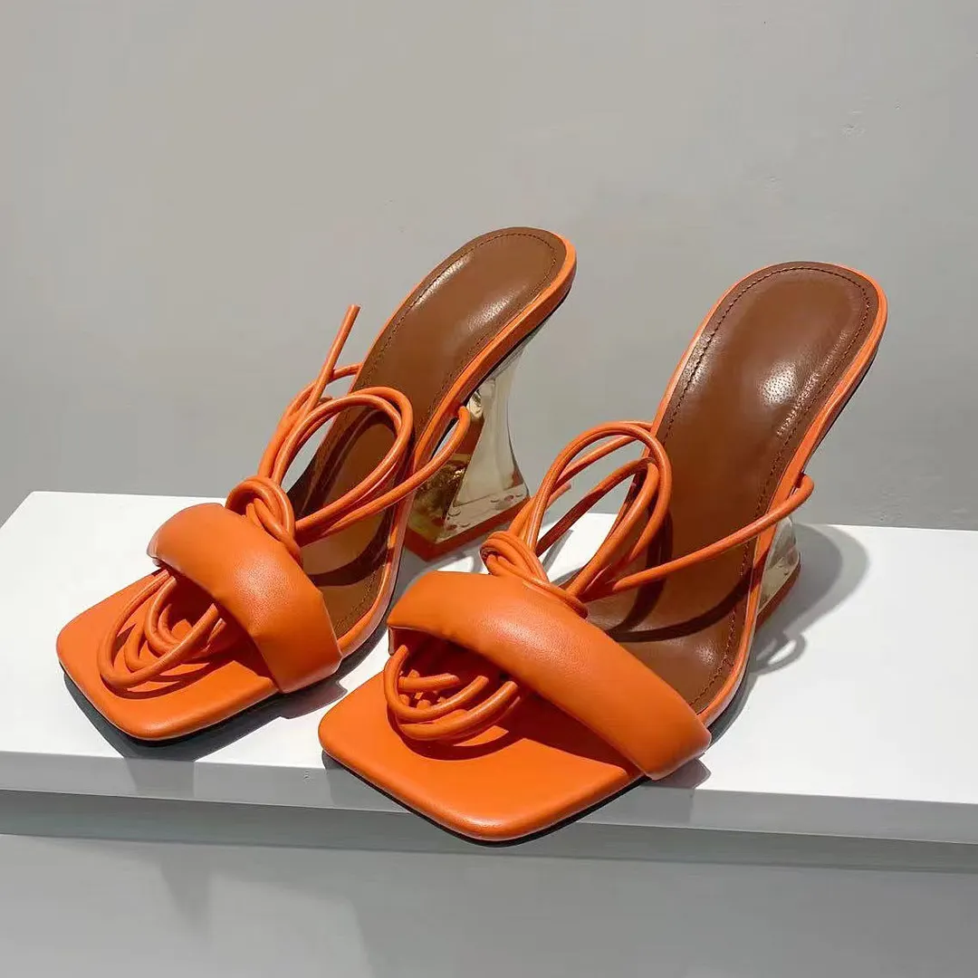  Women Sandals High Heeled Ankle Strap Transparent Heel Square Toe Lace Up Sexy Summer New High Heel Sandals