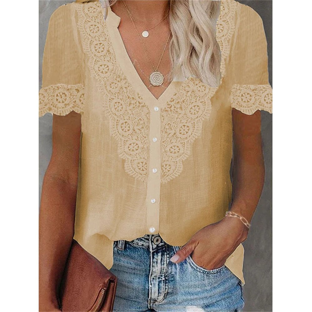 Uaang Sexy V-Neck Lace Shirt Blouse 2022 Spring Summer Short Sleeve Ladies Shirt Casual Women Solid Pullover Tops Blusa Streetwear