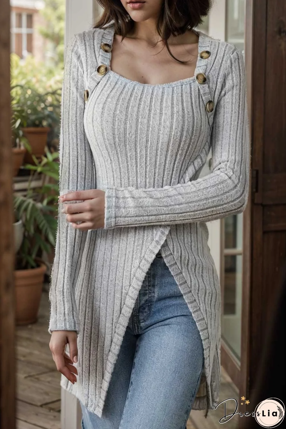 casual ribbed button decor asymmetrical hem long sleeve t shirt