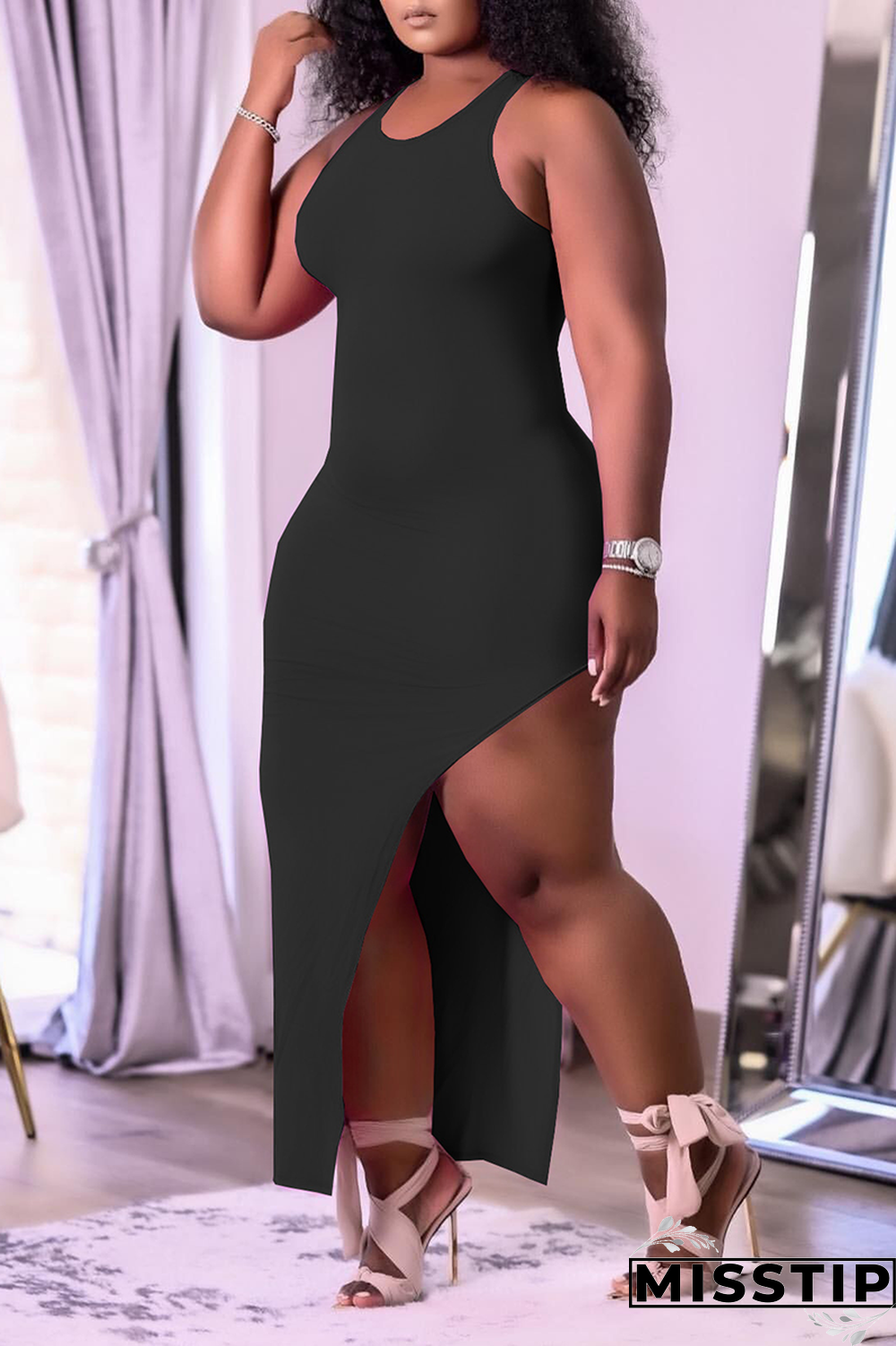 Light Blue Casual Solid Backless O Neck Irregular Dress Dresses