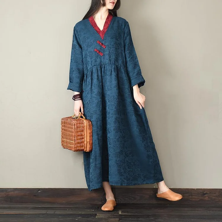 Unique Jacquard cotton v neck clothes Women Neckline blue Robe Dress