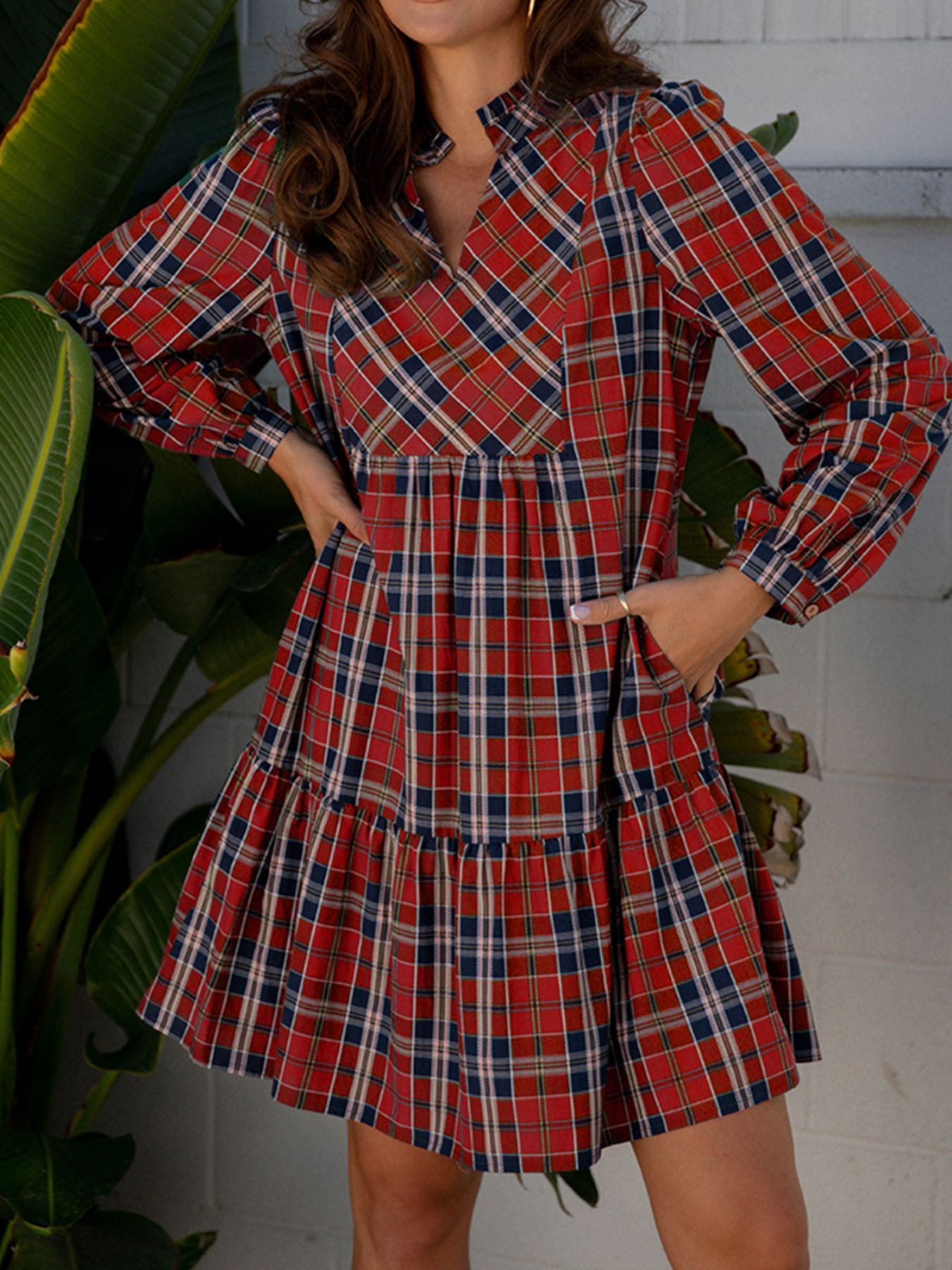 Plaid Print Frilly Collar Long Sleeve Shift Mini Dress mysite idetrend
