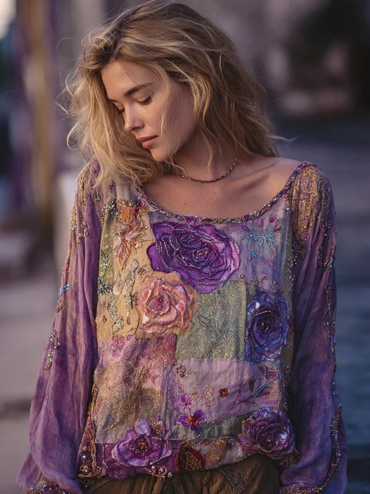 Vintage Purple Flowers Embroidered Patchwork Linen Tunic