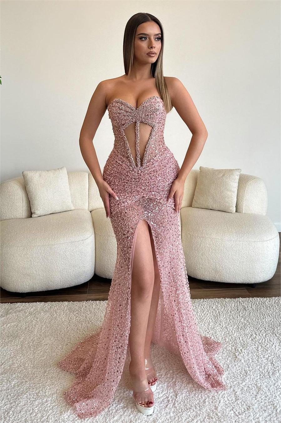 Lvs&Broner Dusty Rose Sweetheart Sleeveless Strapless Long Split Prom Dress With Beading