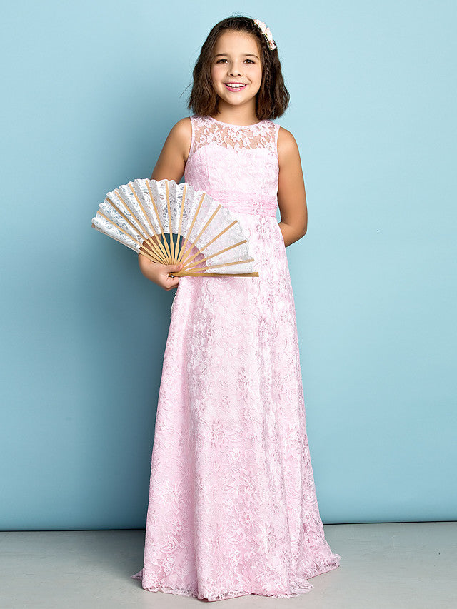 Oknass Sheath Column Jewel Neck Floor Length Flower Girl Dress With Lace Natural Mini Me