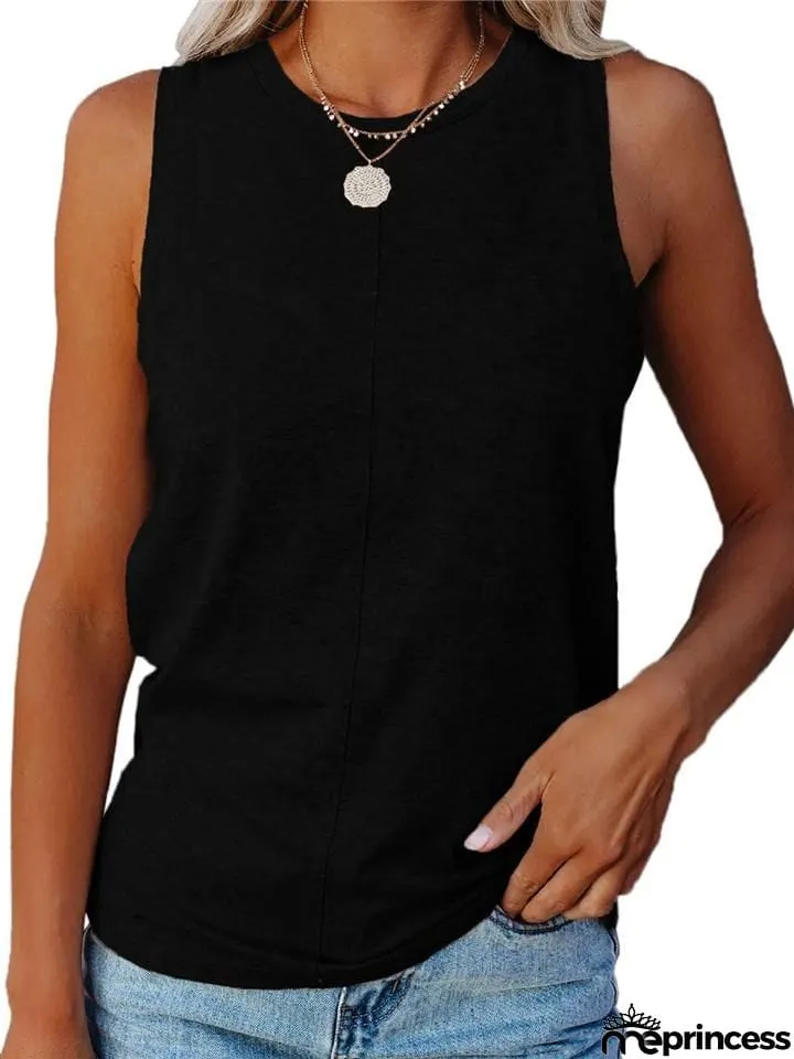 Relaxed Fit Round Neck Sleeveless Solid Color Tank Top