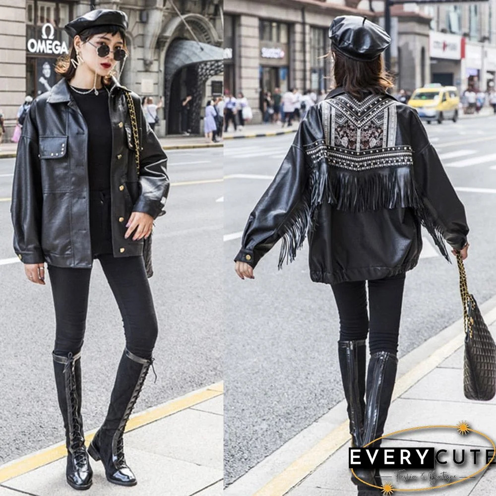 Spring Autumn Women Black PU Faux Leather Jackets Fashion Tassel Rivet Embroidery Biker Coats Female Casual Loose Outwear Tops