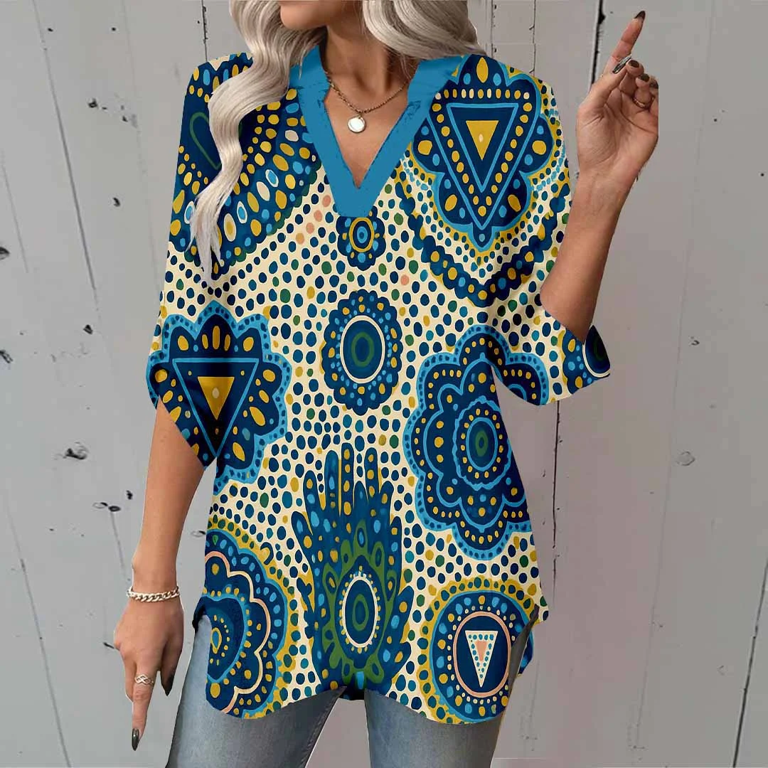 Women Paisley, Blue DZGA0362 3/4 Sleeve V-neck Printed Graphic Button Tops