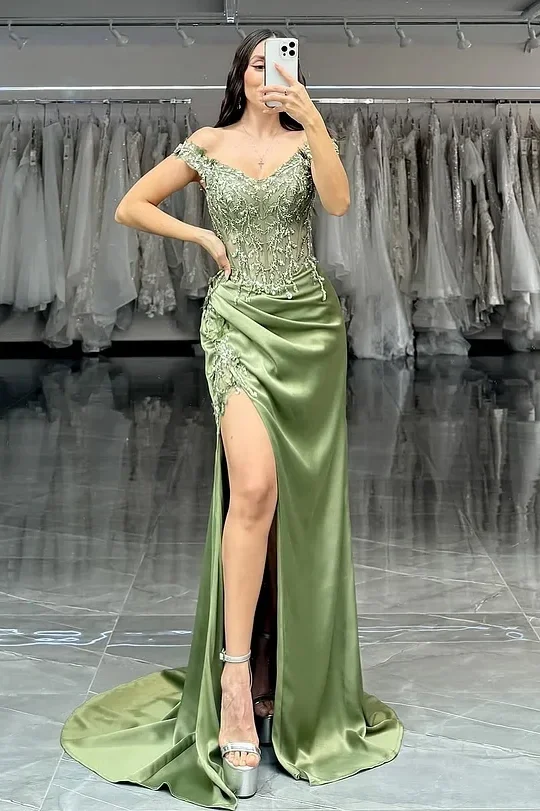 Daisda Green Sleeveless Off-Shoulders Mermaid Embroidery Prom Dress