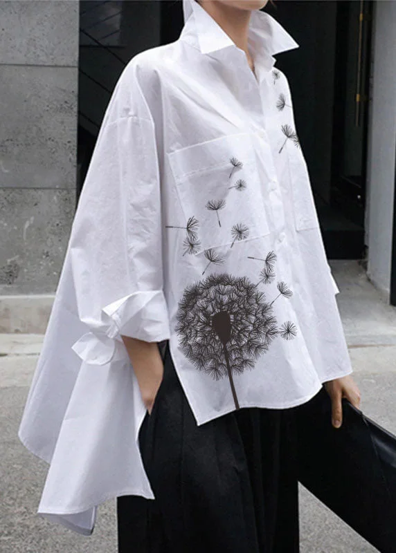 Natural White Floral Peter Pan Collar Low High Design Button Pockets Cotton Shirts Long Sleeve Spring