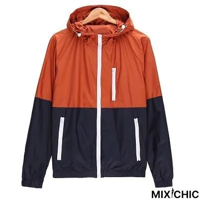 Windbreaker Men Casual Spring Autumn Lightweight Jacket Hooded Contrast Color Zipper Up Jackets Outwear