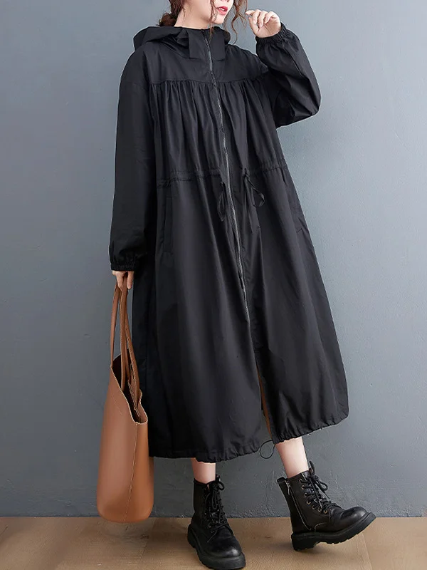 Casual Loose Solid Color Zipper Drawstring Long Sleeves Hooded Trench Coat