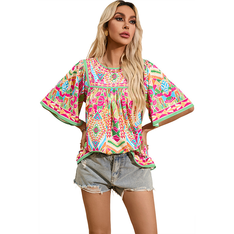 Mature Women Thin Loose Casual Style Printed Chiffon Shirt Tops