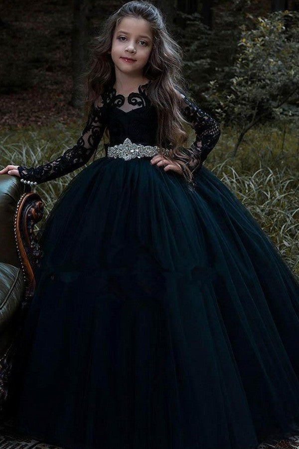 Oknass Black Bateau Long Sleeve Flower Girl Dress Tulle with Appliques Lace Pearls