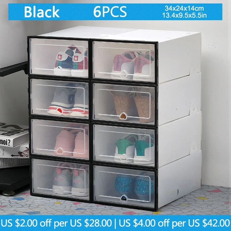 6pc Transparent shoe box storage shoe boxes thickened dustproof shoes organizer box can be superimposed combination shoe cabinet